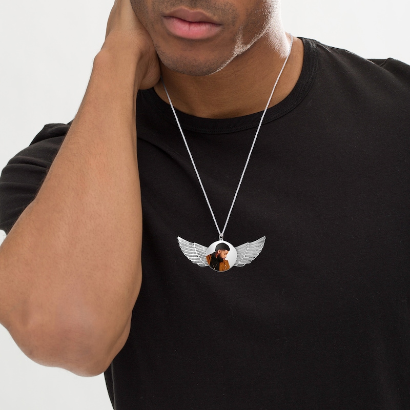 Main Image 2 of Men's Engravable Photo Disc with Angel Wings Pendant in Sterling Silver (1 Image and 4 Lines)