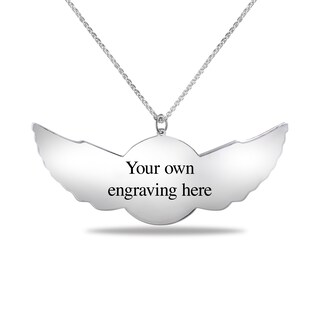 Men's Engravable Photo Disc with Angel Wings Pendant in Sterling Silver (1 Image and 4 Lines)