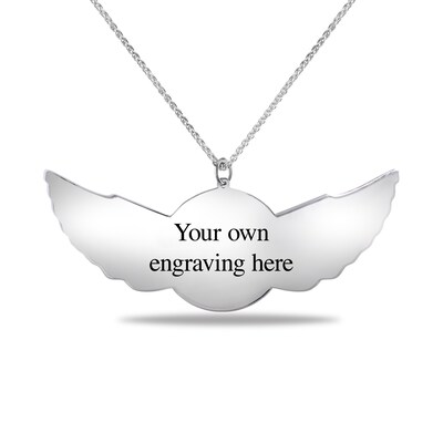 Men's Engravable Photo Disc with Angel Wings Pendant in Sterling Silver (1 Image and 4 Lines)
