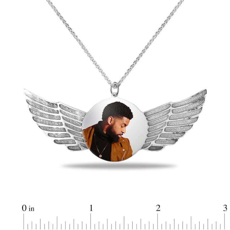 Main Image 4 of Men's Engravable Photo Disc with Angel Wings Pendant in Sterling Silver (1 Image and 4 Lines)