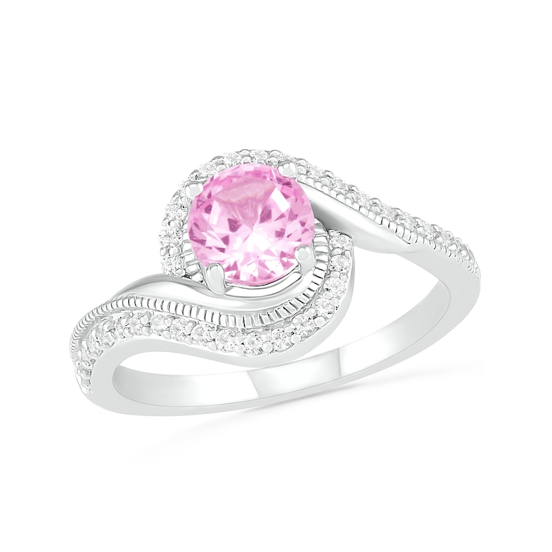 6.0mm Lab-Created Pink and White Sapphire Bypass Frame Vintage-Style Ring in Sterling Silver