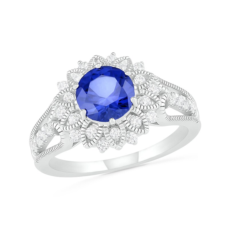 7.0mm Lab-Created Blue and White Sapphire Frame Triple Row Split Shank Vintage-Style Flower Ring in Sterling Silver
