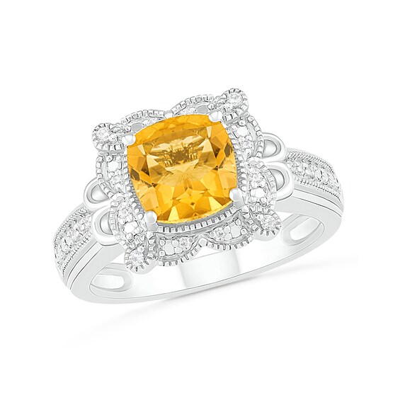 7.0mm Cushion-Shaped Citrine and 0.065 CT. T.W. Diamond Scallop Frame Loop Collar Vintage-Style Ring in 10K White Gold
