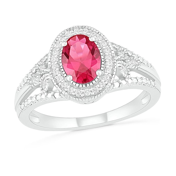 Oval Lab-Created Ruby and 0.115 CT. T.W. Diamond Frame Leaf-Sides Split Shank Vintage-Style Ring in Sterling Silver