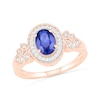 Thumbnail Image 0 of Oval Blue Lab-Created Sapphire and 0.04 CT. T.W. Diamond Frame Leaf-Sides Triple Row Vintage-Style Ring in 10K Rose Gold