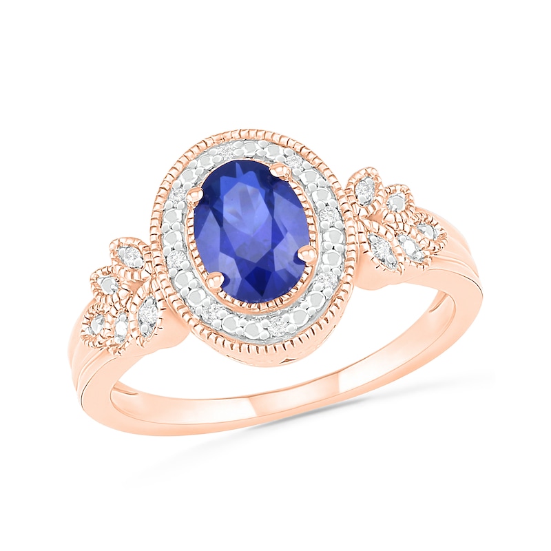 Oval Blue Lab-Created Sapphire and 0.04 CT. T.W. Diamond Frame Leaf-Sides Triple Row Vintage-Style Ring in 10K Rose Gold