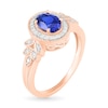 Thumbnail Image 1 of Oval Blue Lab-Created Sapphire and 0.04 CT. T.W. Diamond Frame Leaf-Sides Triple Row Vintage-Style Ring in 10K Rose Gold