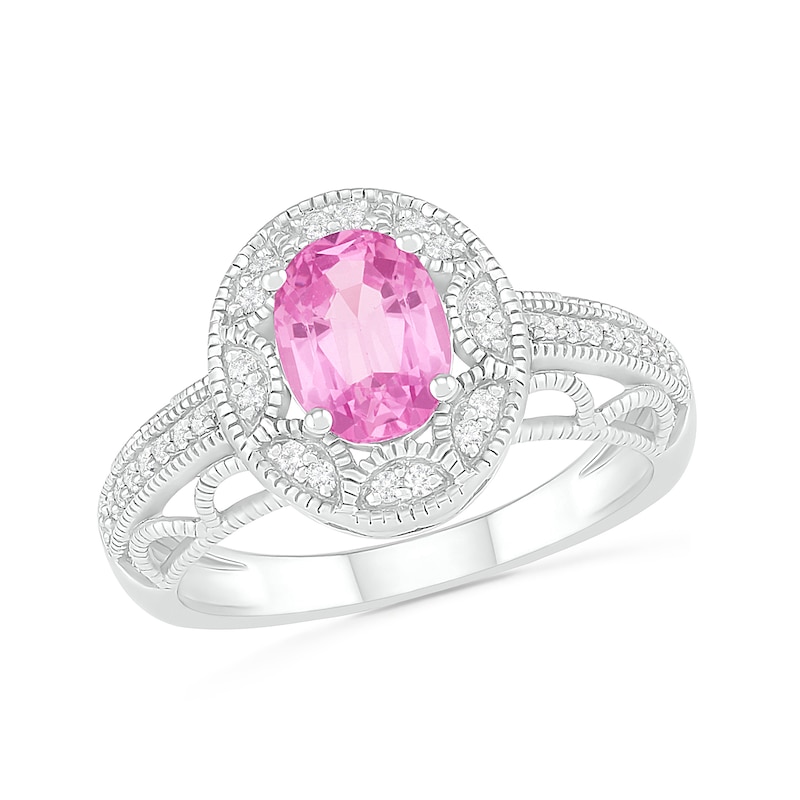 Oval Lab-Created Pink and White Sapphire Frame Scallop Border Shank Vintage-Style Ring in Sterling Silver
