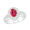 Thumbnail Image 0 of Oval Lab-Created Ruby and White Sapphire Frame Scallop Border Shank Vintage-Style Ring in Sterling Silver