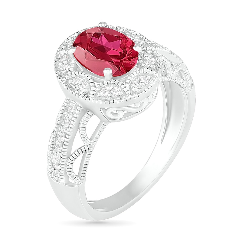 Oval Lab-Created Ruby and White Sapphire Frame Scallop Border Shank Vintage-Style Ring in Sterling Silver