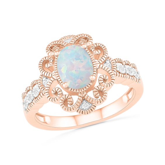 Oval Lab-Created Opal and 0.04 CT. T.W. Diamond Scroll Frame Scallop Shank Vintage-Style Ring in 10K Rose Gold
