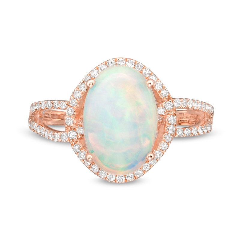 EFFY™ Collection Oval Opal and 0.33 CT. T.W. Diamond Frame Interlocking Loop Shank Ring in 14K Rose Gold