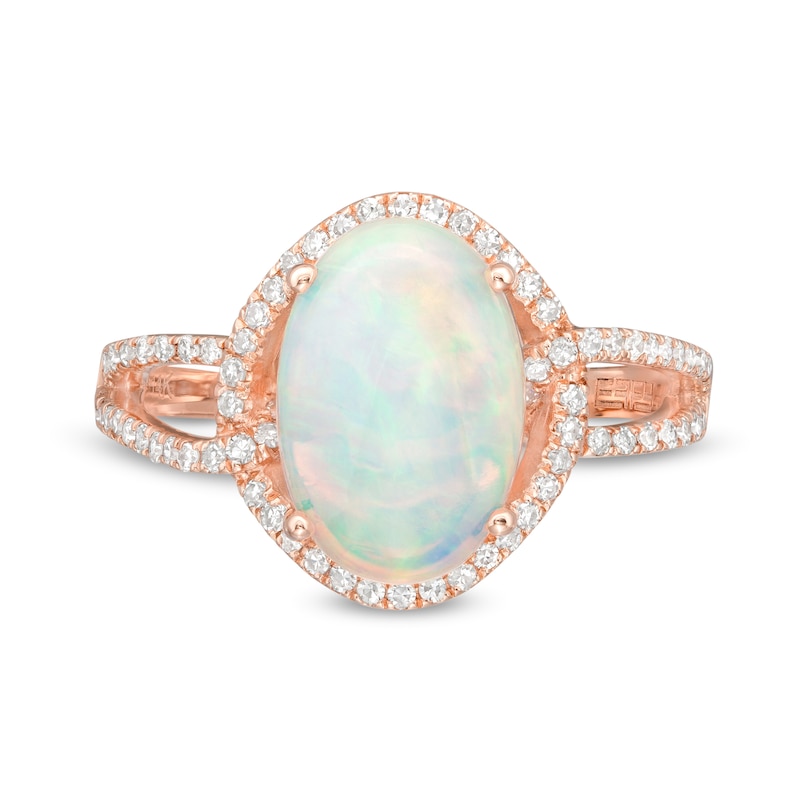 Main Image 4 of EFFY™ Collection Oval Opal and 0.33 CT. T.W. Diamond Frame Interlocking Loop Shank Ring in 14K Rose Gold