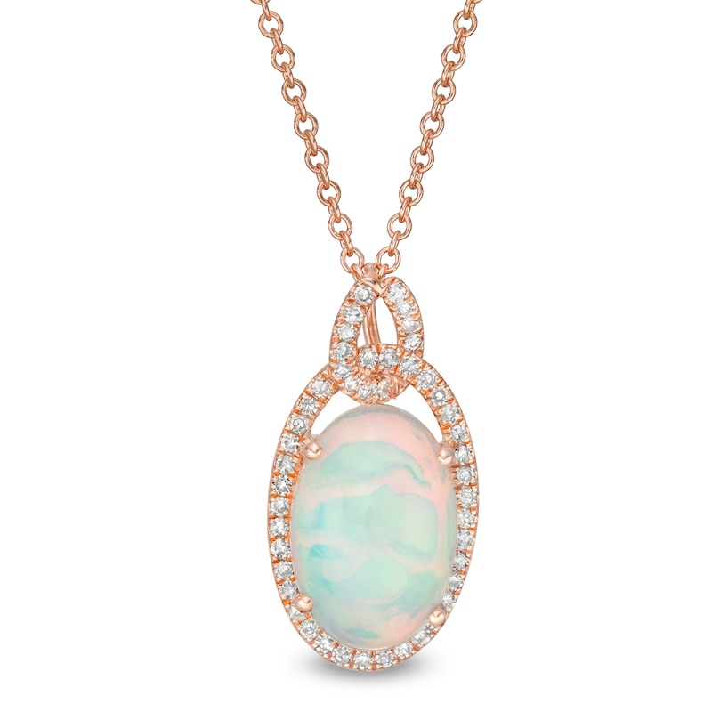 EFFY™ Collection Oval Opal and 0.17 CT. T.W. Diamond Frame Interlocking Drop Pendant in 14K Rose Gold|Peoples Jewellers