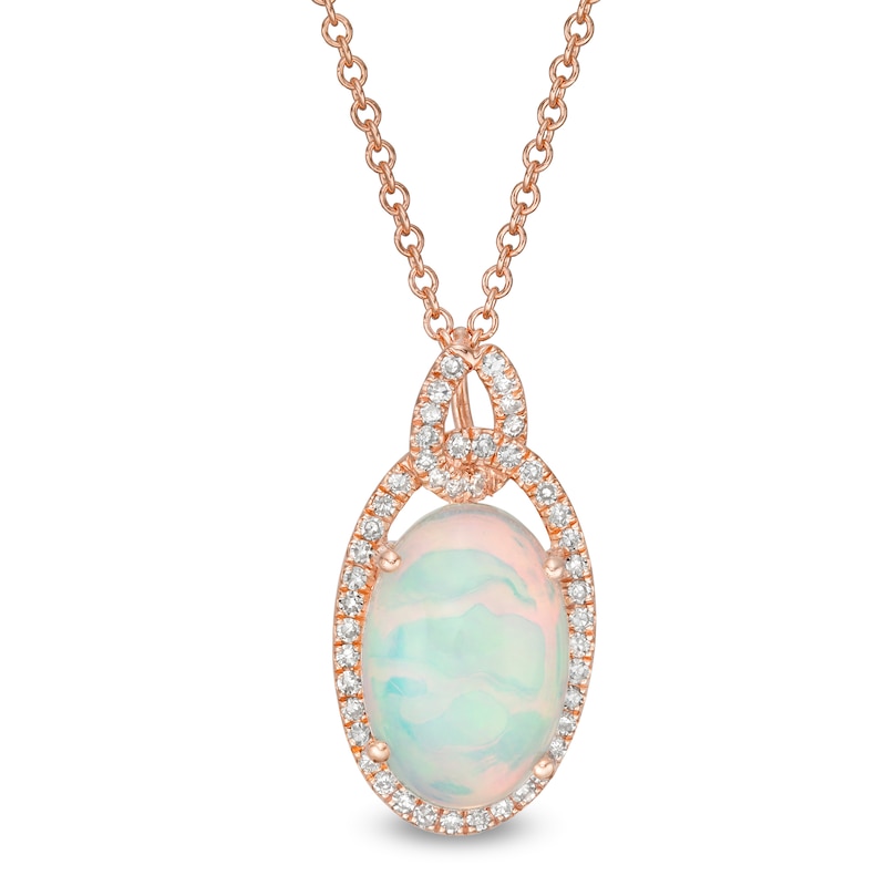 Main Image 1 of EFFY™ Collection Oval Opal and 0.17 CT. T.W. Diamond Frame Interlocking Drop Pendant in 14K Rose Gold