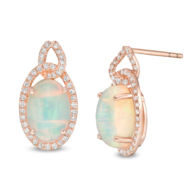 Main Image 1 of EFFY™ Collection Oval Opal and 0.30 CT. T.W. Diamond Frame Interlocking Drop Earrings in 14K Rose Gold