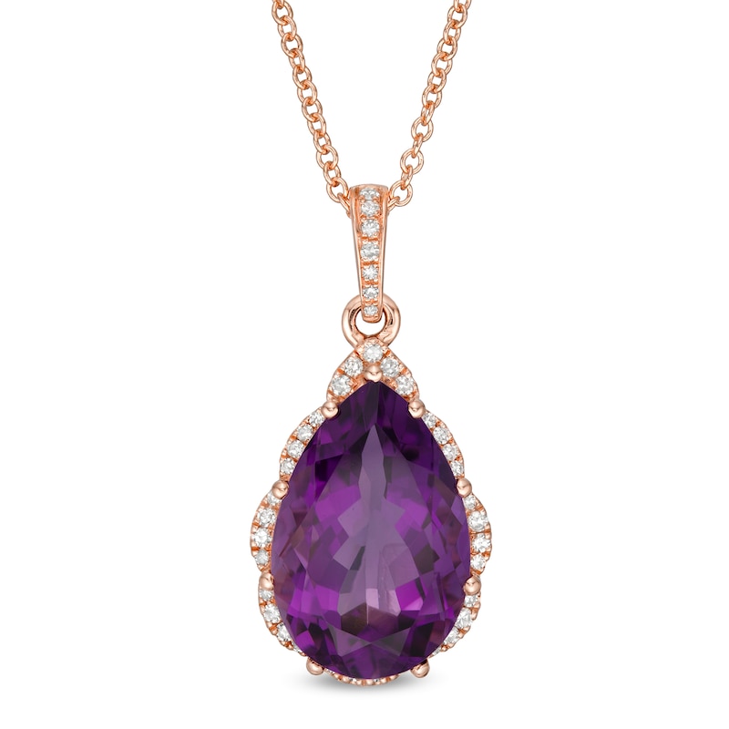 Main Image 1 of EFFY™ Collection Pear-Shaped Amethyst and 0.29 CT. T.W. Diamond Scallop Frame Pendant in 14K Rose Gold