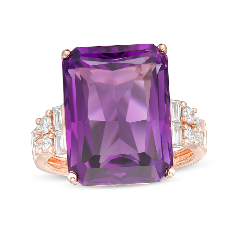 EFFY™ Collection Emerald-Cut Amethyst and 0.42 CT. T.W. Diamond Art Deco Ring in 14K Rose Gold|Peoples Jewellers