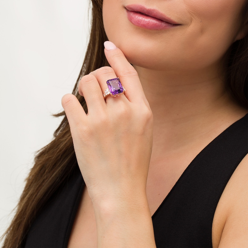 Main Image 2 of EFFY™ Collection Emerald-Cut Amethyst and 0.42 CT. T.W. Diamond Art Deco Ring in 14K Rose Gold