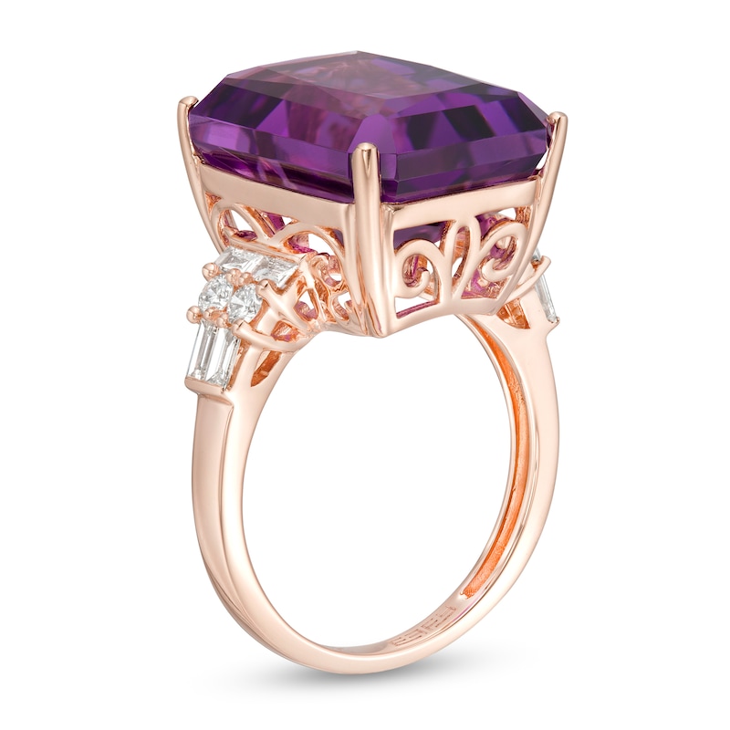 Main Image 3 of EFFY™ Collection Emerald-Cut Amethyst and 0.42 CT. T.W. Diamond Art Deco Ring in 14K Rose Gold
