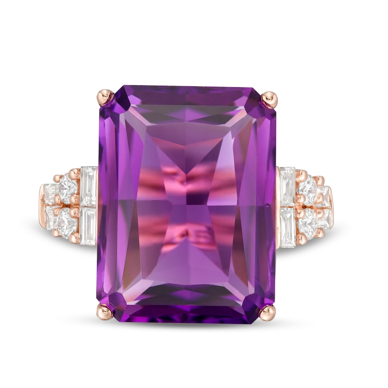 EFFY™ Collection Emerald-Cut Amethyst and 0.42 CT. T.W. Diamond Art Deco Ring in 14K Rose Gold