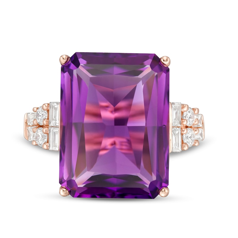 Main Image 4 of EFFY™ Collection Emerald-Cut Amethyst and 0.42 CT. T.W. Diamond Art Deco Ring in 14K Rose Gold