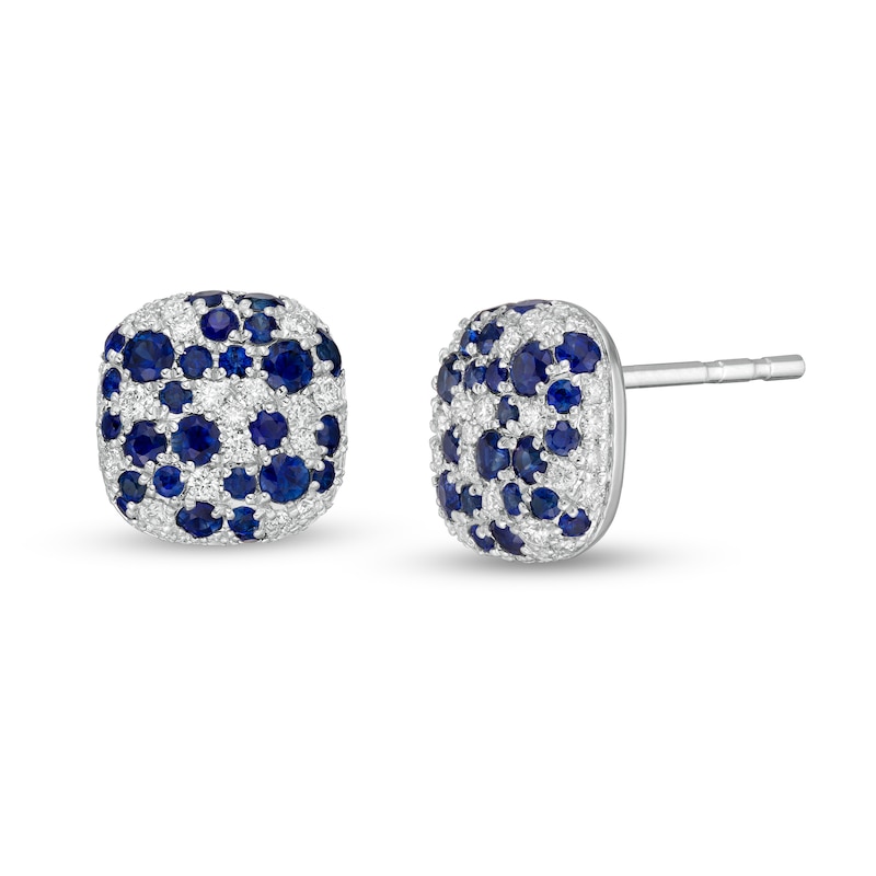 EFFY™ Collection Blue Sapphire and 0.38 CT. T.W. Diamond Cushion Cluster Stud Earrings in 14K White Gold|Peoples Jewellers