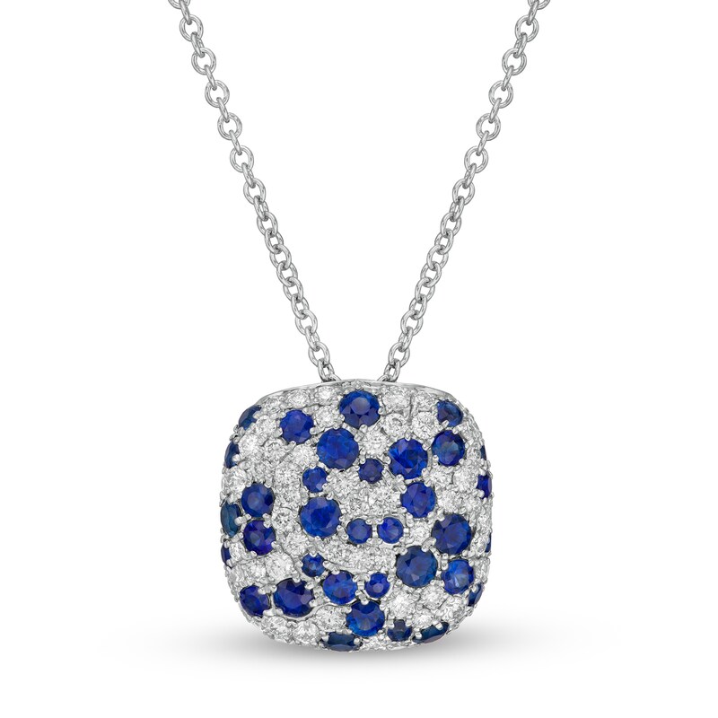 EFFY™ Collection Blue Sapphire and 0.38 CT. T.W. Diamond Cushion Cluster Pendant in 14K White Gold