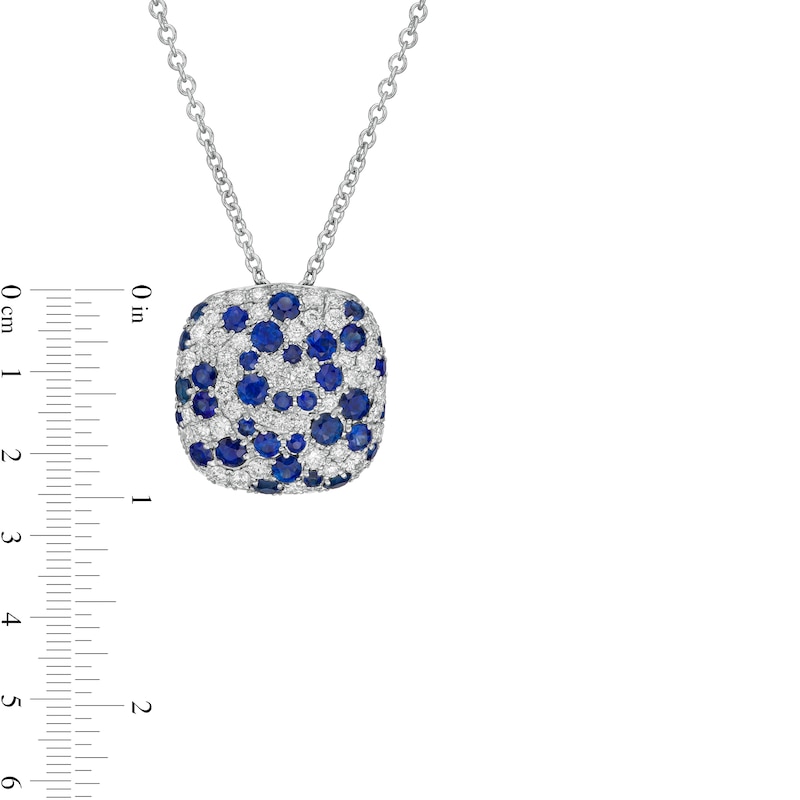 Main Image 4 of EFFY™ Collection Blue Sapphire and 0.38 CT. T.W. Diamond Cushion Cluster Pendant in 14K White Gold