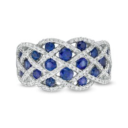 EFFY™ Collection Blue Sapphire and 0.42 CT. T.W. Diamond Lattice Ring in 14K White Gold
