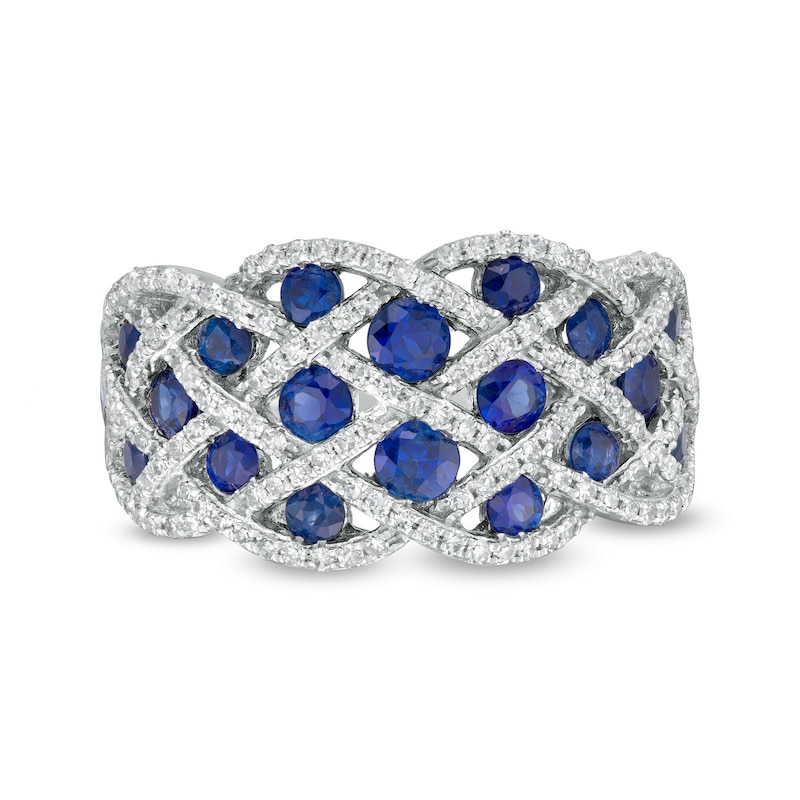 EFFY™ Collection Blue Sapphire and 0.42 CT. T.W. Diamond Lattice Ring in 14K White Gold|Peoples Jewellers