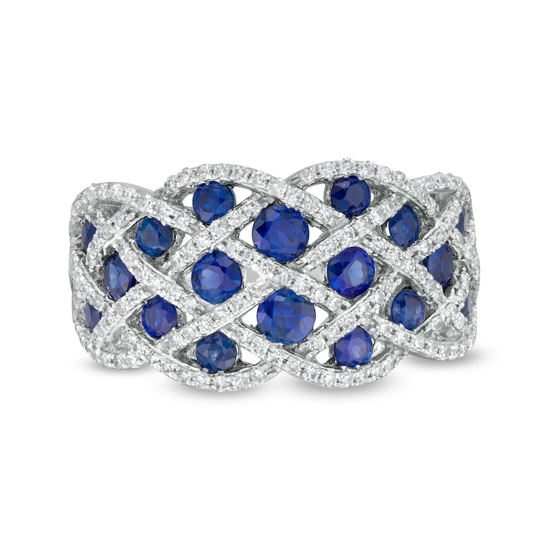 Main Image 1 of EFFY™ Collection Blue Sapphire and 0.42 CT. T.W. Diamond Lattice Ring in 14K White Gold