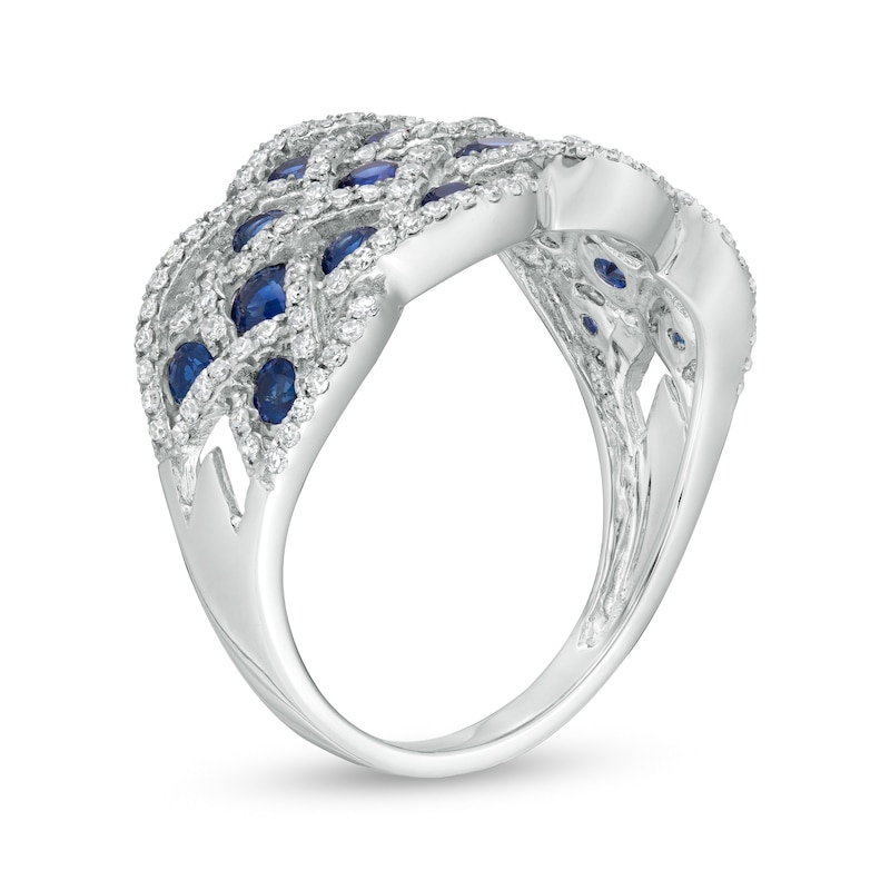 Main Image 3 of EFFY™ Collection Blue Sapphire and 0.42 CT. T.W. Diamond Lattice Ring in 14K White Gold
