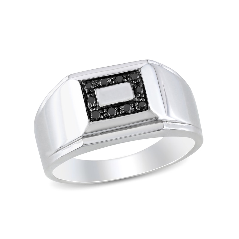 Main Image 1 of Men's 0.10 CT. T.W. Black Diamond Rectangular Frame Stepped Edge Signet Ring in Sterling Silver