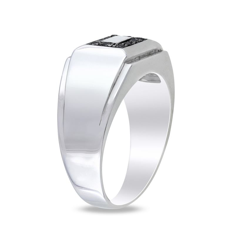 Main Image 3 of Men's 0.10 CT. T.W. Black Diamond Rectangular Frame Stepped Edge Signet Ring in Sterling Silver