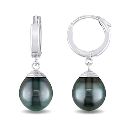 9.0-10.0mm Baroque Black Tahitian Cultured Pearl Drop Earrings in 14K White Gold
