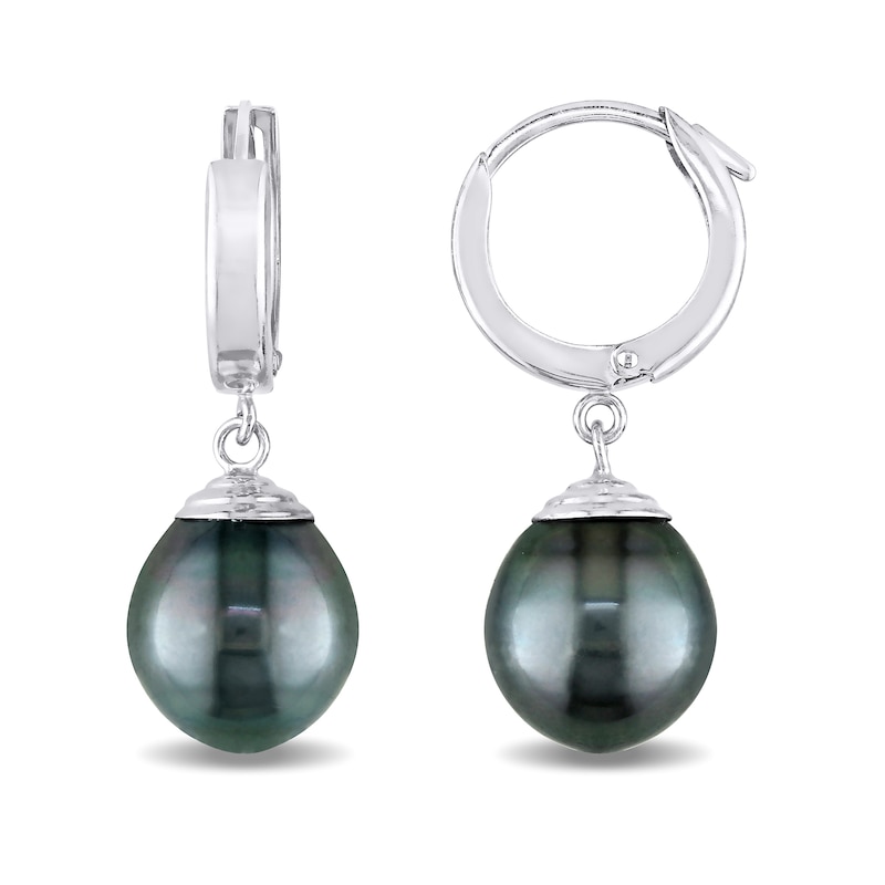 9.0-10.0mm Baroque Black Cultured Tahitian Pearl Drop Earrings in 14K White Gold|Peoples Jewellers