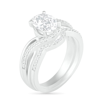 Oval Lab-Created White Sapphire Crossover Bypass Split Shank Bridal Set in Sterling Silver