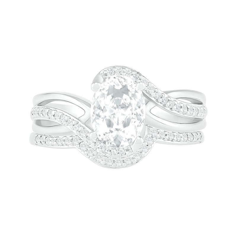 Oval Lab-Created White Sapphire Crossover Bypass Split Shank Bridal Set in Sterling Silver