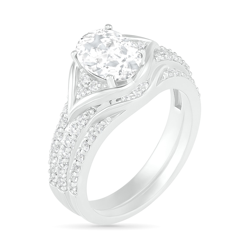Main Image 2 of Oval Lab-Created White Sapphire Tri-Sides Split Frame Multi-Row Bridal Set in Sterling Silver