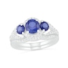 Thumbnail Image 0 of Lab-Created Blue and White Sapphire Frame Three Stone Split Shank Bridal Set in Sterling Silver