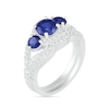 Thumbnail Image 1 of Lab-Created Blue and White Sapphire Frame Three Stone Split Shank Bridal Set in Sterling Silver