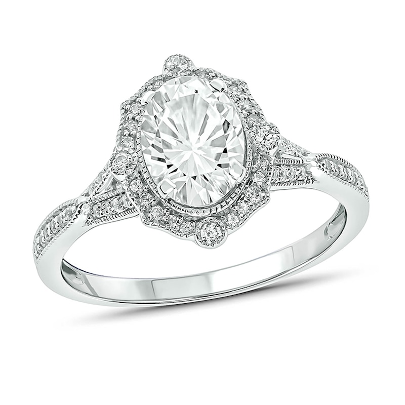 Oval Lab-Created White Sapphire and 0.18 CT. T.W. Diamond Ornate Frame Split Shank Vintage-Style Ring in 10K White Gold