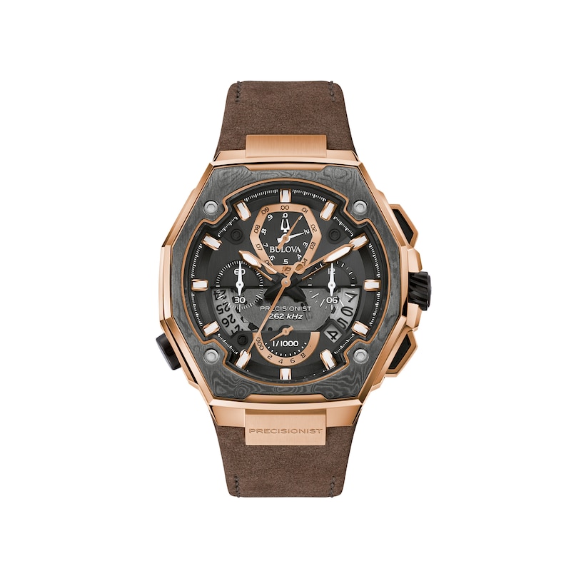 Men's Special Edition Bulova Precisionist X 10th Anniversary Rose-Tone Chronograph Strap Watch (Model: 98B356)|Peoples Jewellers