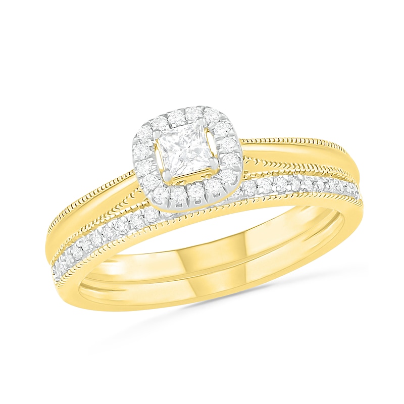Main Image 1 of 0.29 CT. T.W. Princess-Cut Diamond Frame Vintage-Style Bridal Set in 10K Gold