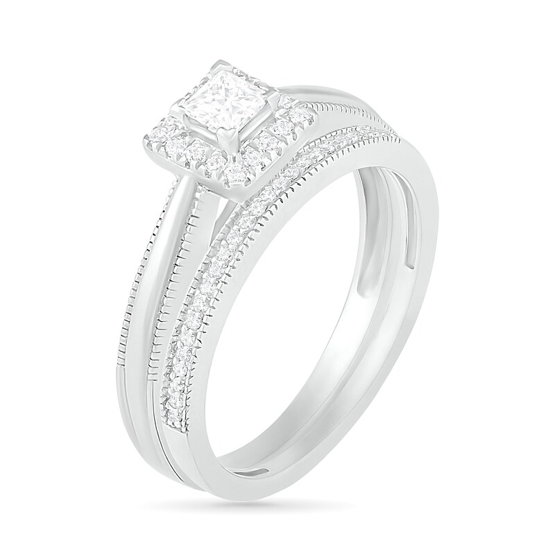 Main Image 2 of 0.29 CT. T.W. Princess-Cut Diamond Frame Vintage-Style Bridal Set in 10K White Gold