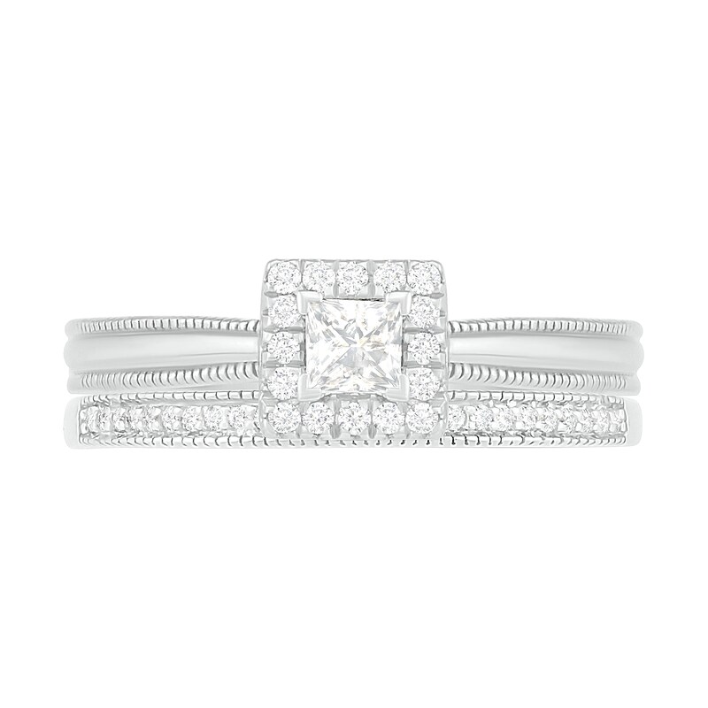 Main Image 3 of 0.29 CT. T.W. Princess-Cut Diamond Frame Vintage-Style Bridal Set in 10K White Gold