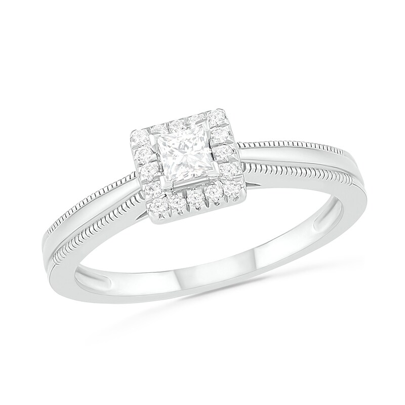 Main Image 4 of 0.29 CT. T.W. Princess-Cut Diamond Frame Vintage-Style Bridal Set in 10K White Gold