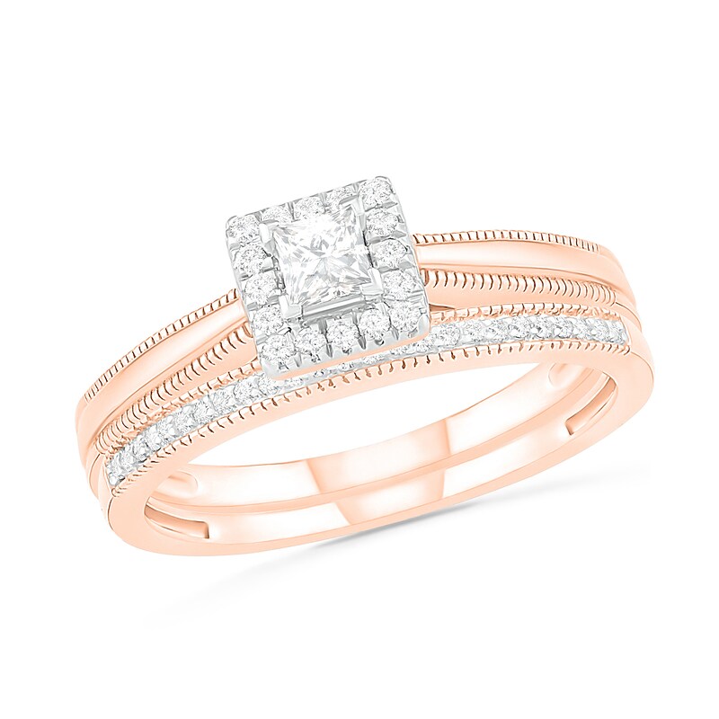 0.29 CT. T.W. Princess-Cut Diamond Frame Vintage-Style Bridal Set in 10K Rose Gold