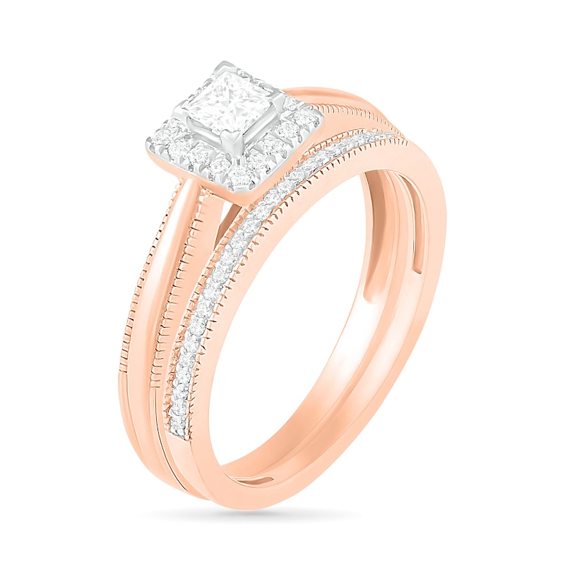 Main Image 2 of 0.29 CT. T.W. Princess-Cut Diamond Frame Vintage-Style Bridal Set in 10K Rose Gold